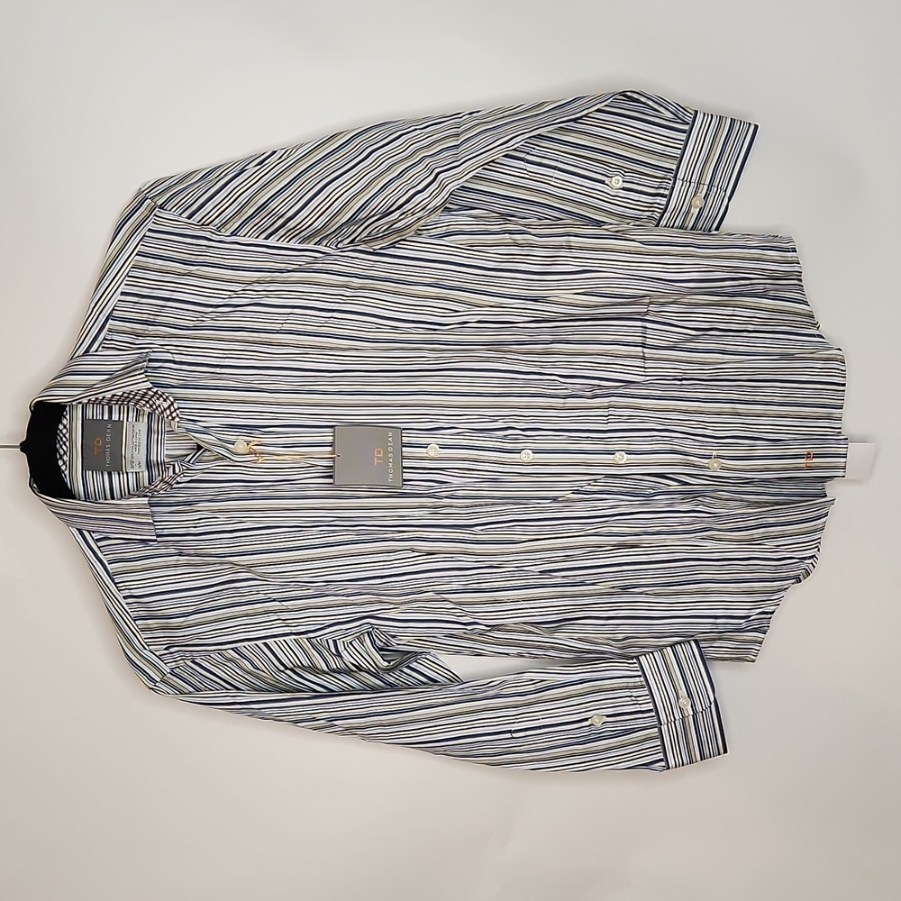 Thomas Dean dress shirt 10/12 NWT! Blue yellow white stripe inner plaid cotton